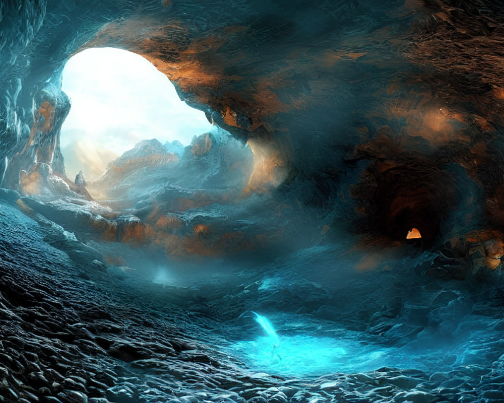 Mystical blue stream in cavern with fiery orange lights