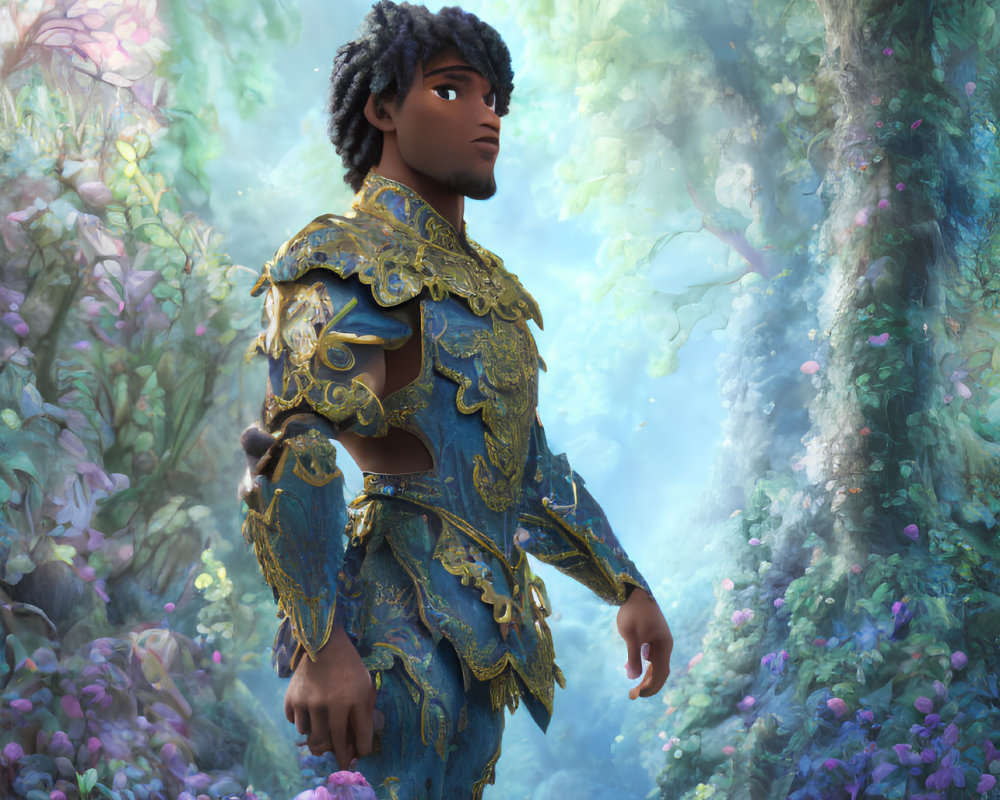 Male character in blue & gold armor in enchanted forest with purple flowers