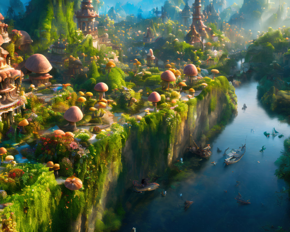 Fantasy landscape with mushroom structures, cliffs, boats, and lush flora