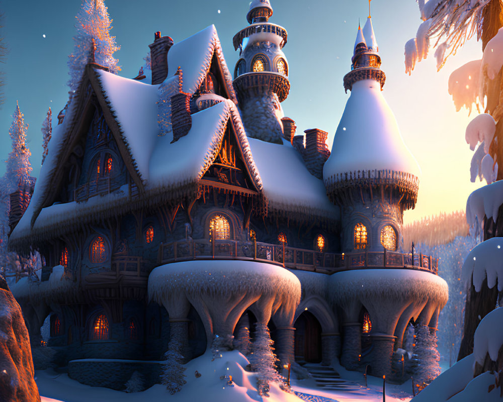 Snow-covered cottage with tall towers in tranquil snowy forest at dusk