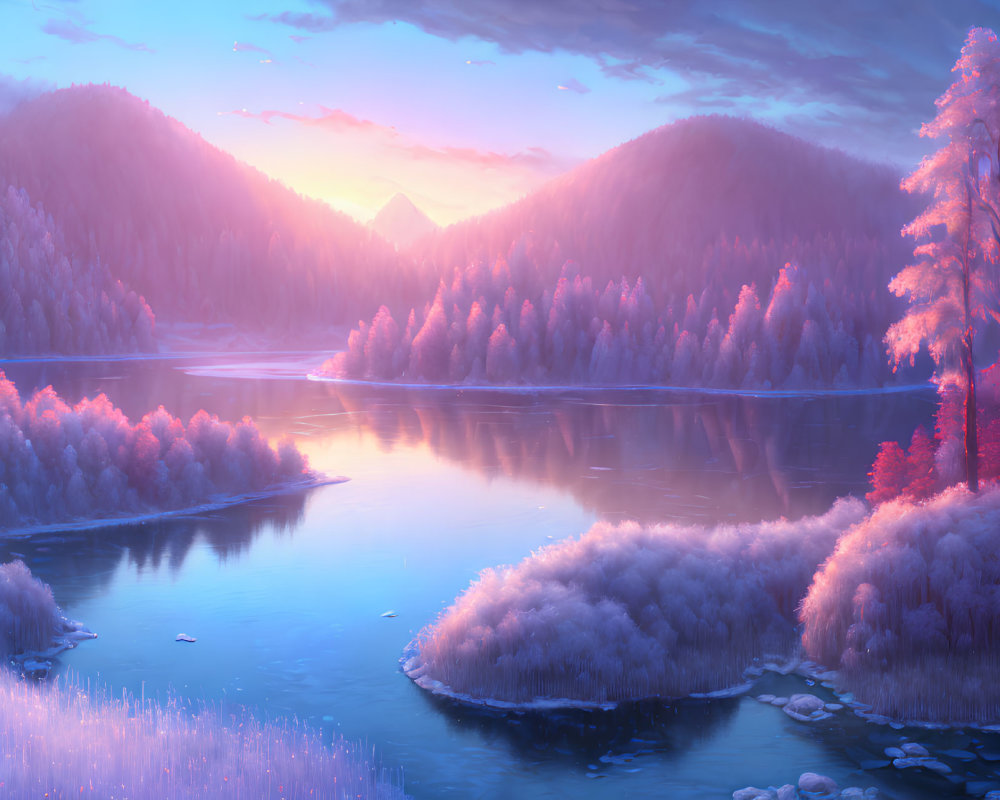 Tranquil sunrise landscape with pink trees, reflective lake, and distant mountains