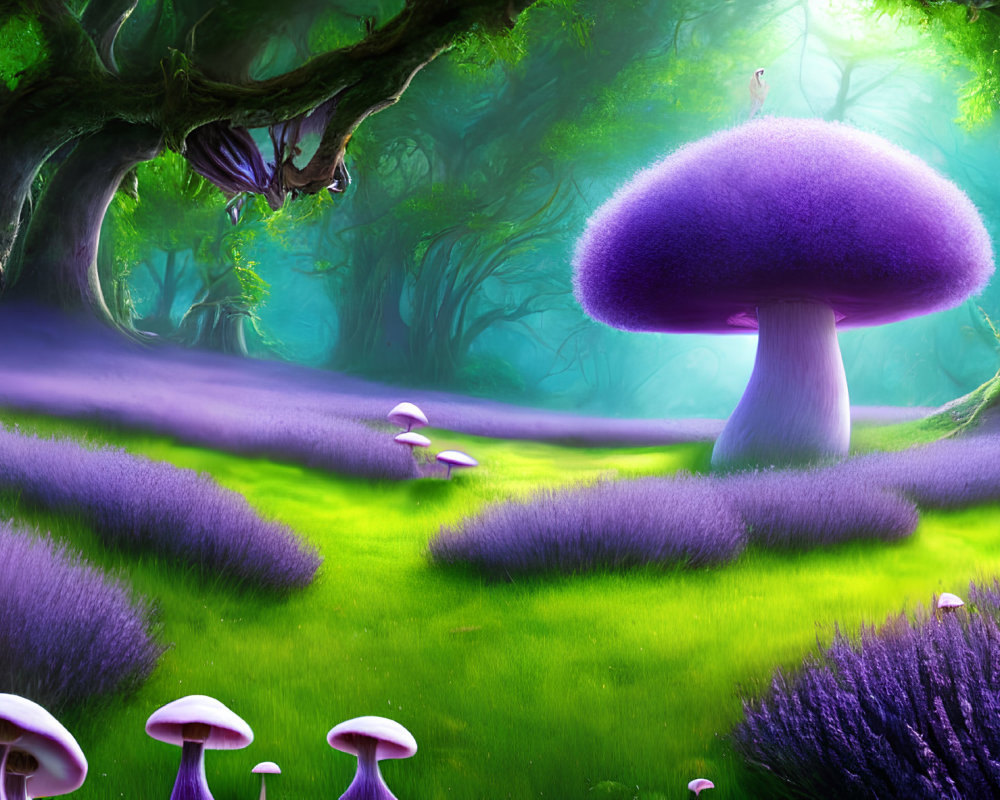 Mystical forest glade with giant purple mushrooms and vibrant greenery