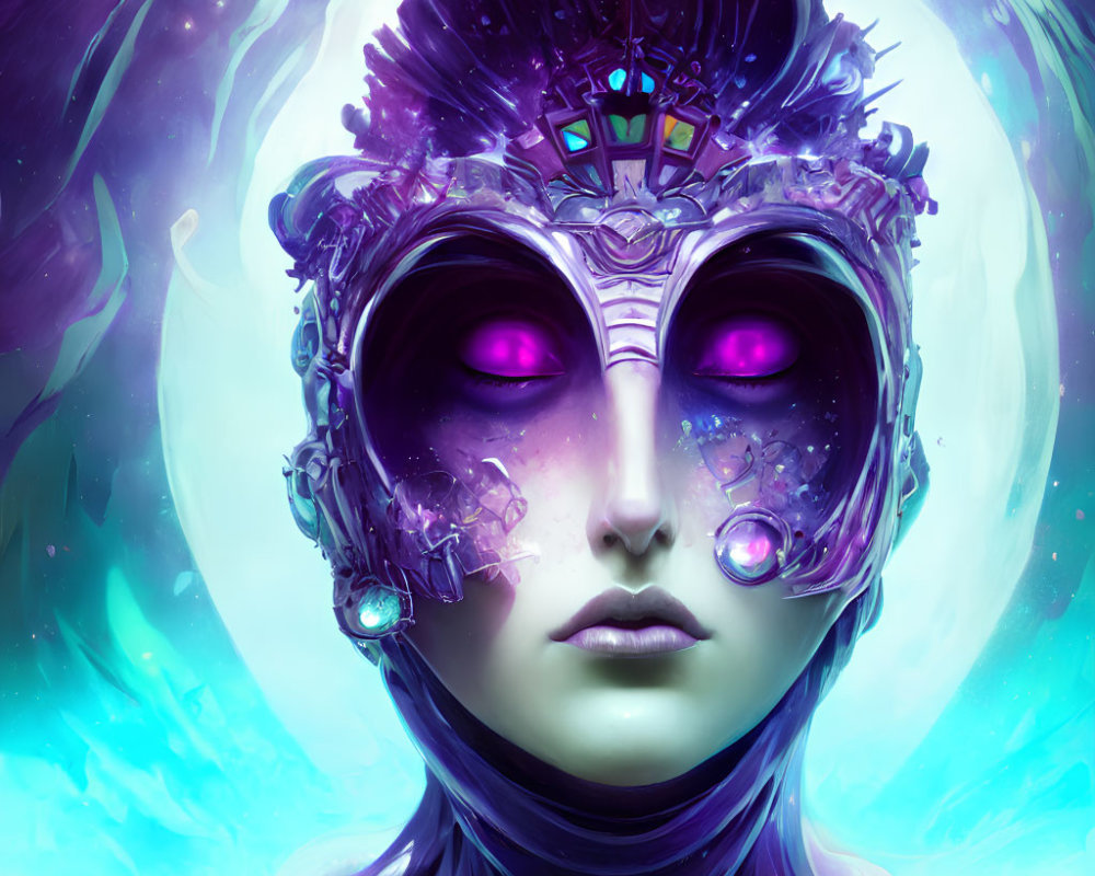 Digital artwork of mysterious figure with glowing purple eyes and intricate mask in cosmic setting