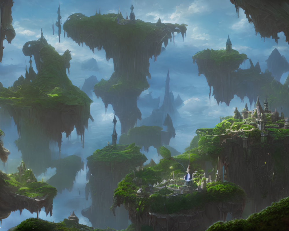 Mystical landscape with floating islands, ancient castles, towering rocks, greenery, and mist