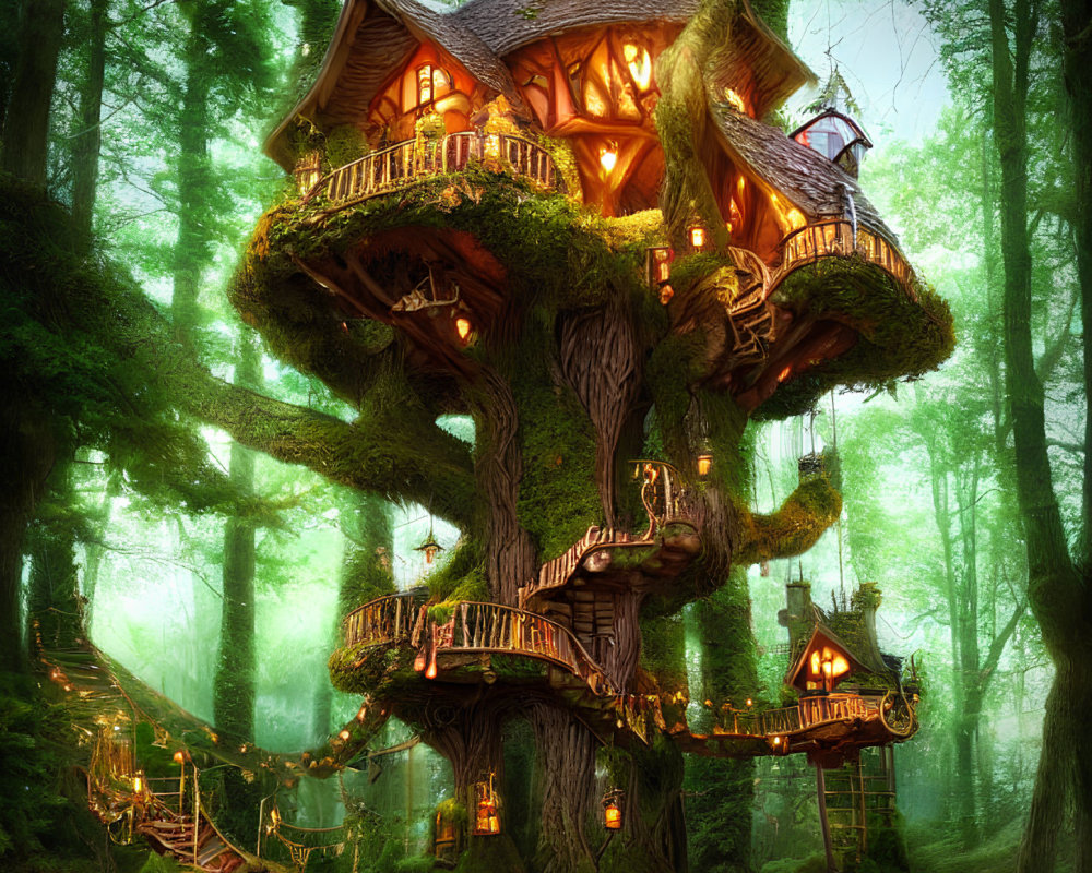 Enchanting forest treehouse with multiple levels and glowing lanterns