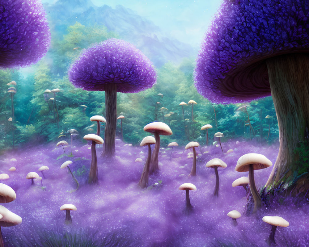 Enchanting forest scene with purple and white mushrooms, mist, greenery, and mountains