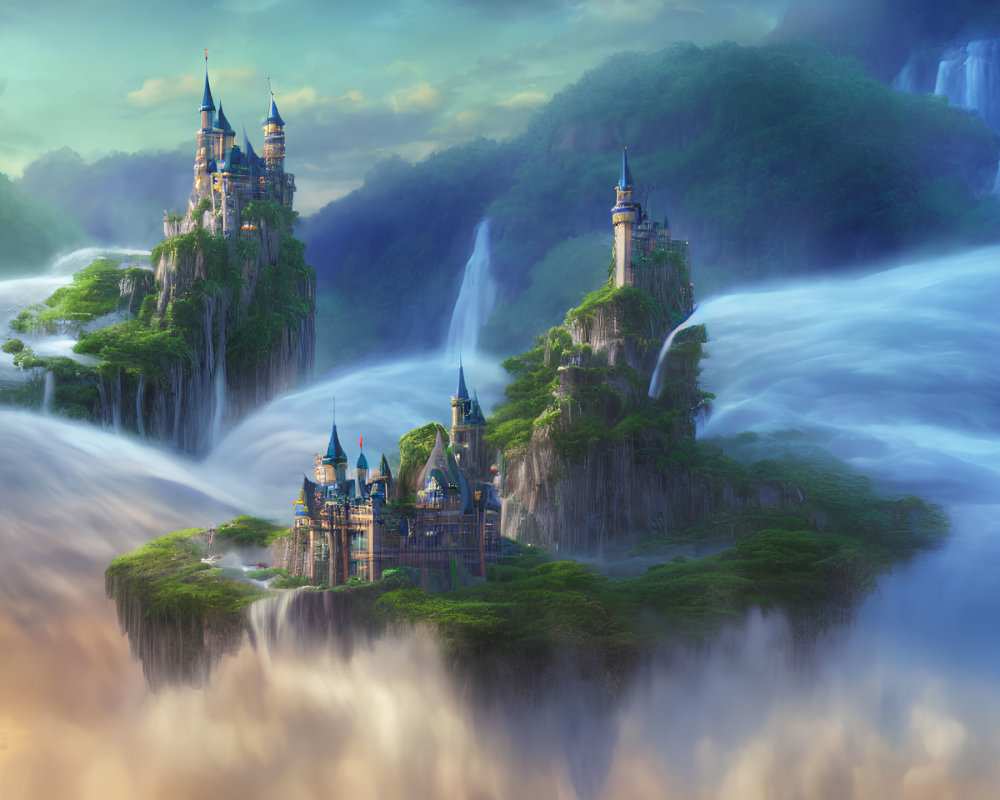 Majestic castles on lush cliffs with waterfalls in fantasy landscape