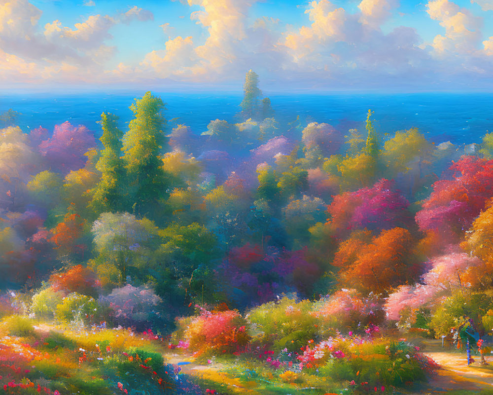 Colorful Autumn Forest Painting Near Tranquil Sea