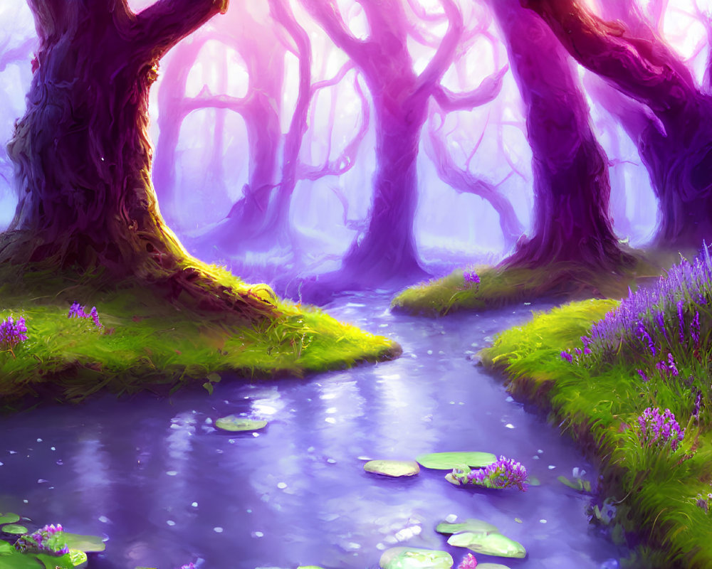 Serene purple forest with twisted trees, gentle stream, green grass, and vibrant lilac flowers