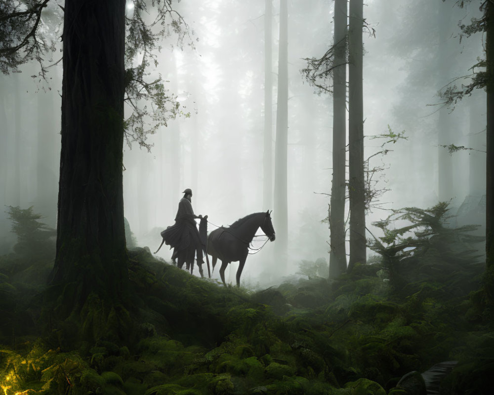 Person riding horse in misty green forest with sunlight filtering through trees.