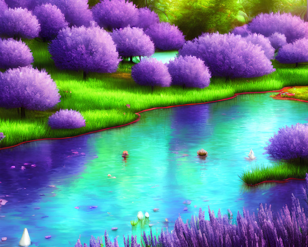 Tranquil fantasy landscape with purple foliage, green meadow, and serene pond