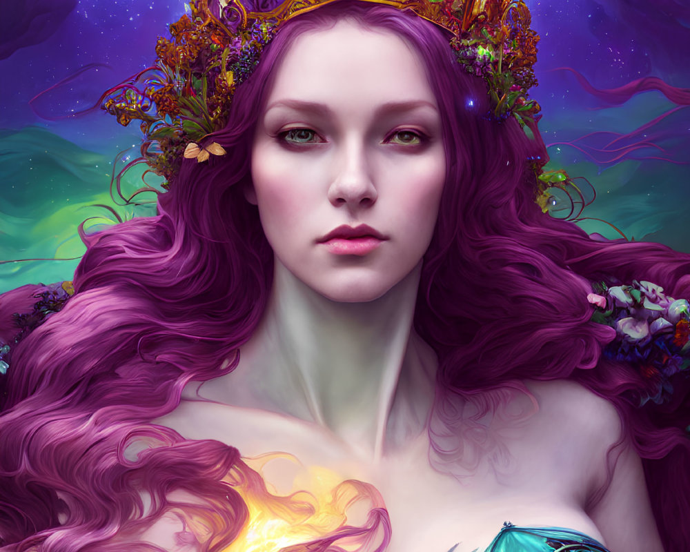 Fantasy portrait of woman with purple hair and floral crown in cosmic setting