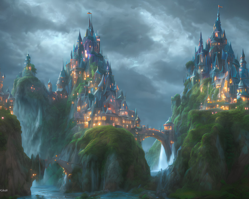 Illuminated fantasy castle on lush hills with waterfalls