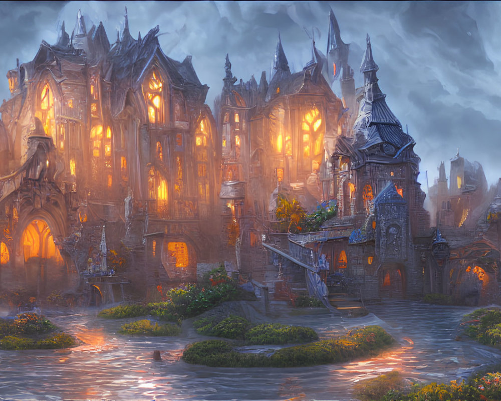 Medieval fantasy city at twilight with Gothic architecture and mist-covered waterway