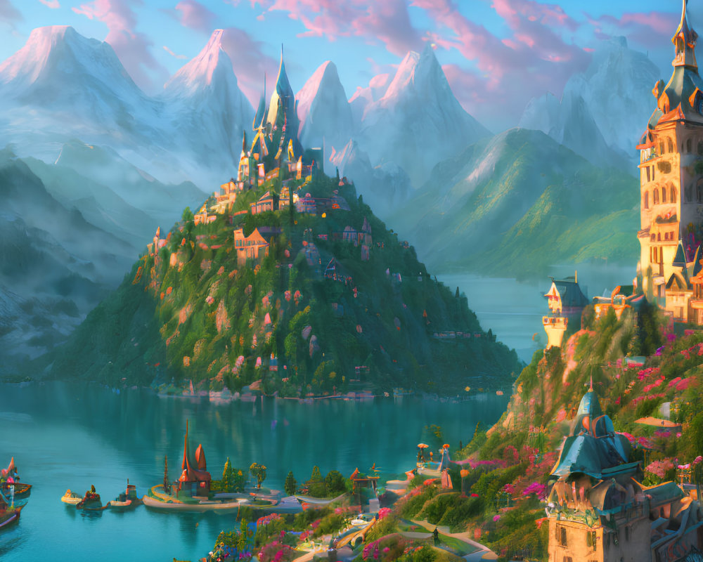 Fantasy landscape with castle, water, boats & snowy mountains