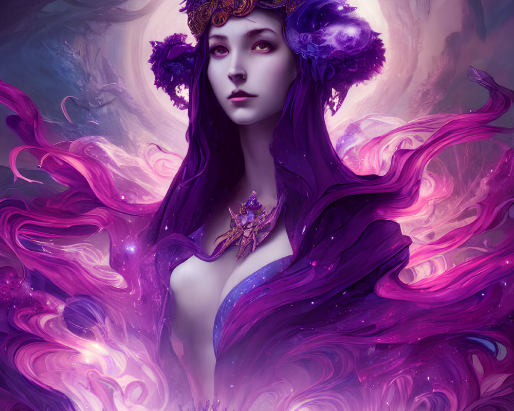 Purple-haired female figure with ornate headpiece in mystical setting