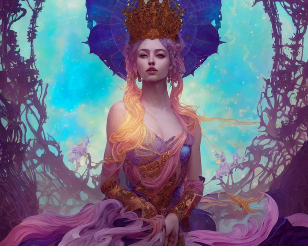 Regal figure in ornate crown and dress against mystical forest.