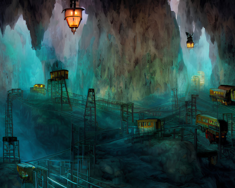 Illustration of cavern with glowing blue walls, wooden platforms, staircases, lanterns, and mining