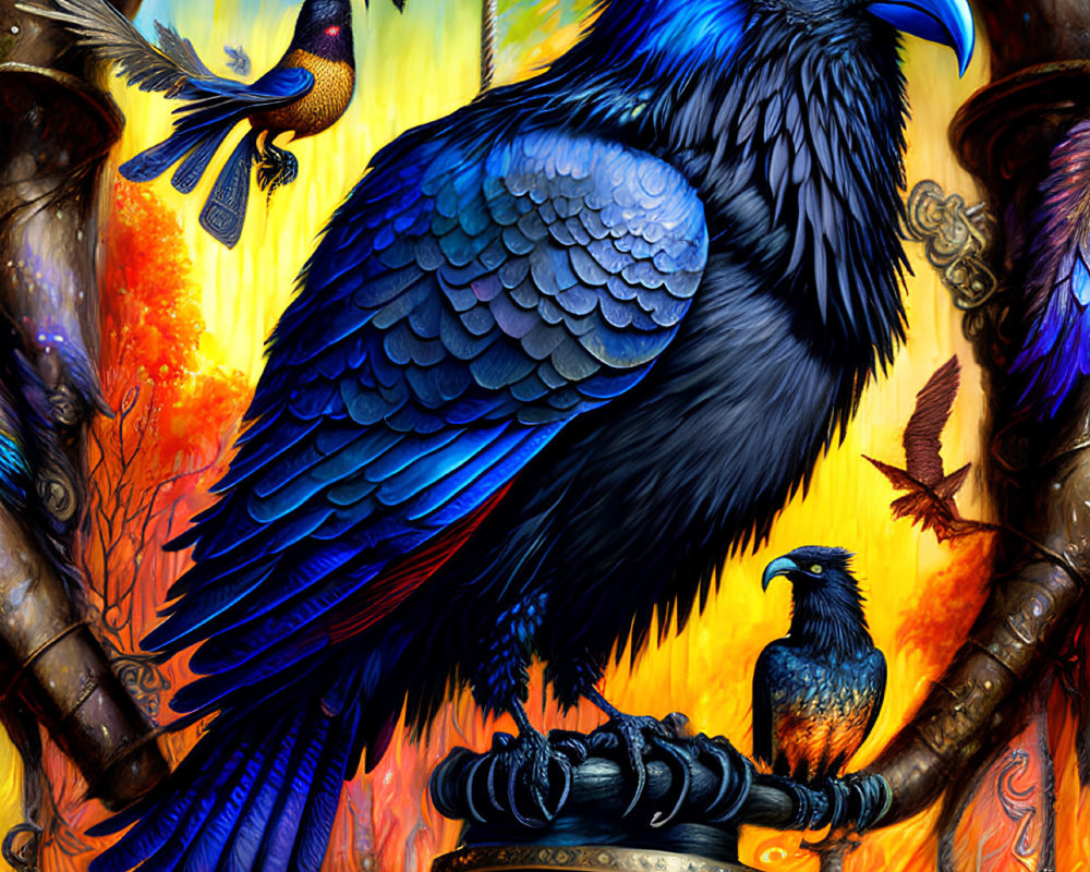 Detailed illustration of majestic raven among ornate pillars