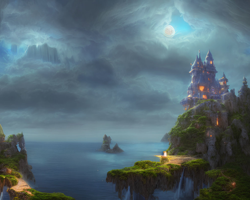 Fantasy castle on rugged cliffs under full moon