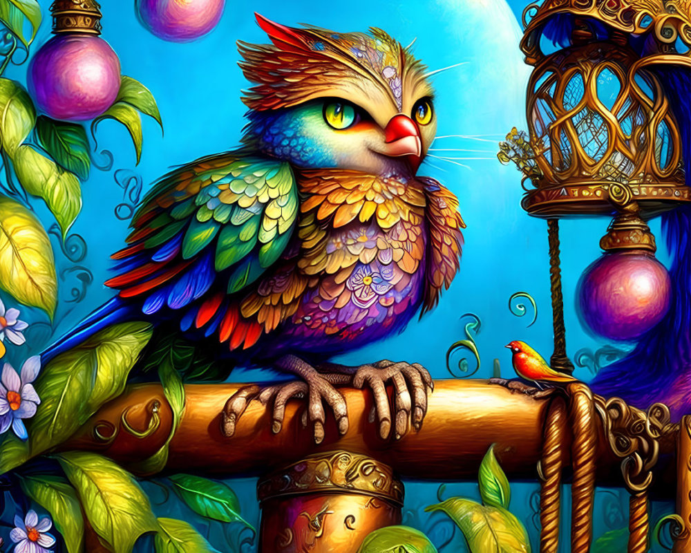 Vibrant illustration of fantastical bird perched near golden cage