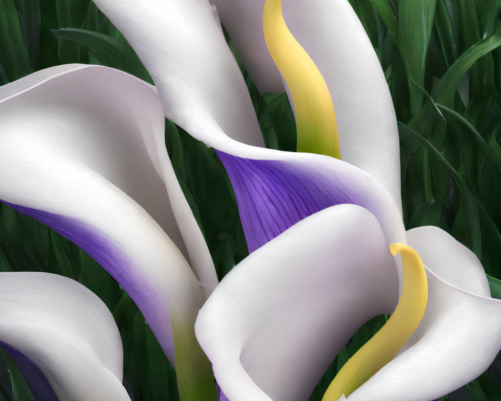 White Calla Lilies with Yellow Spadices on Green and Purple Background