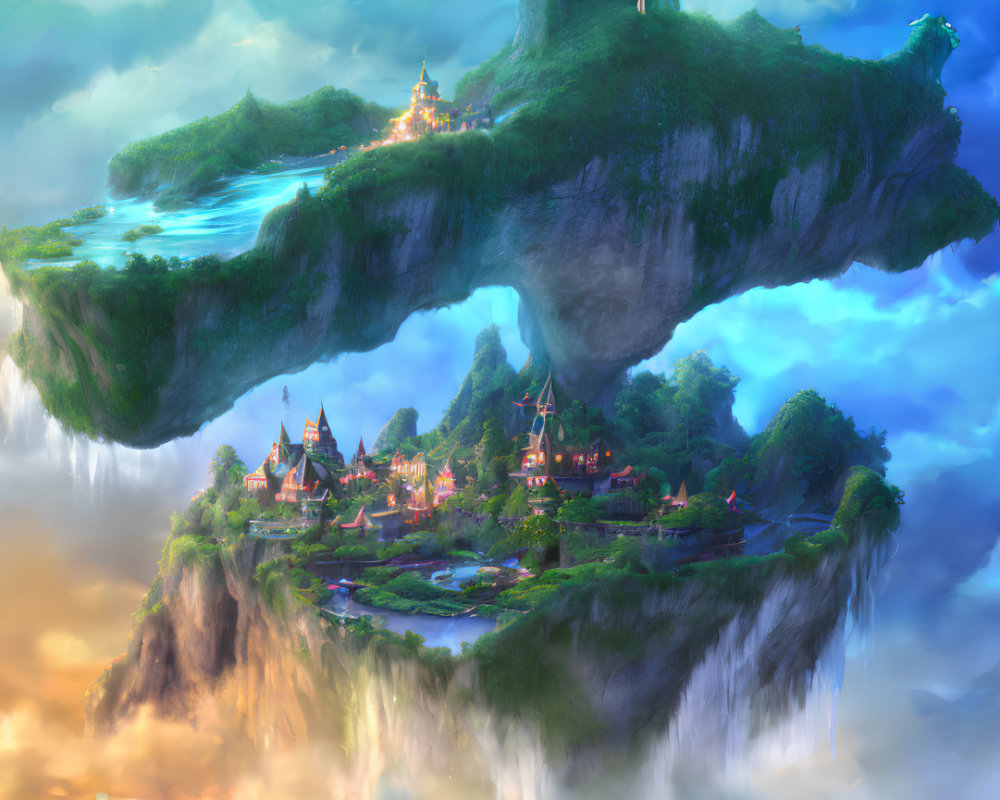 Floating Island with Waterfalls, Greenery, Houses, and Castle in Warm Glow