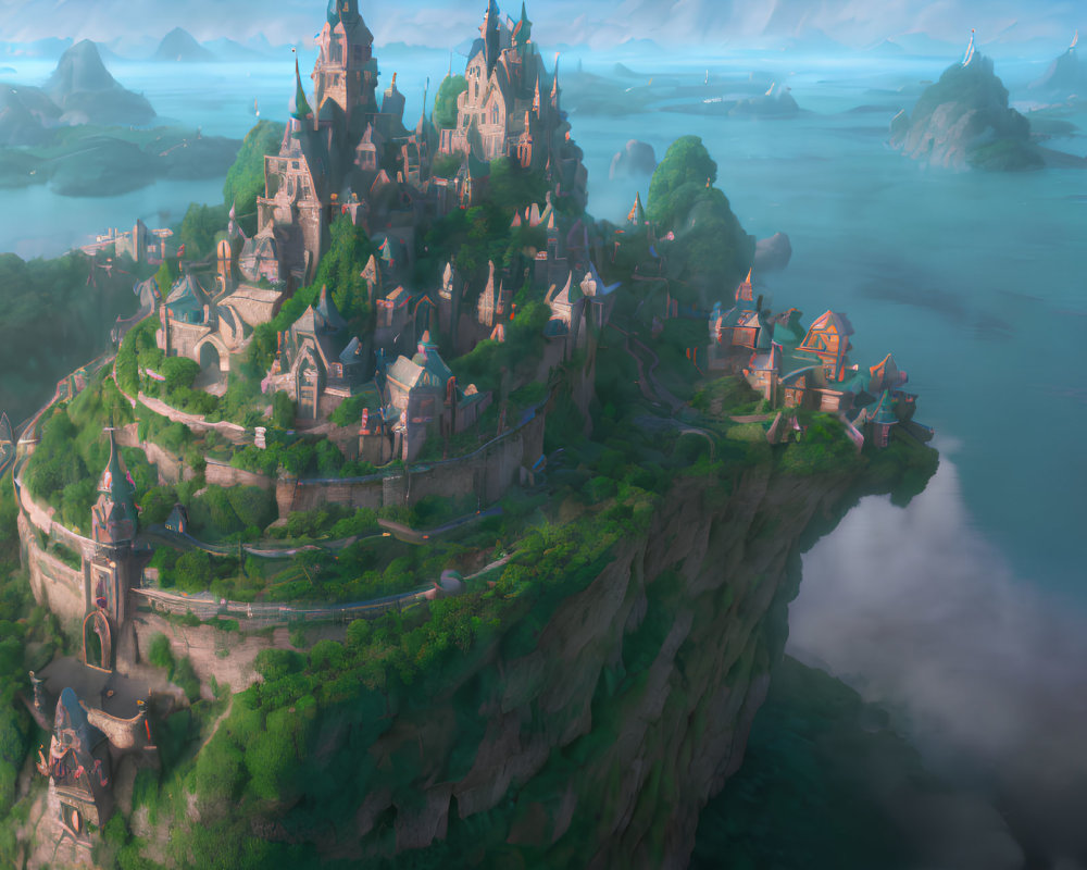 Fantasy castle on cliff overlooking river with surrounding buildings and misty mountains