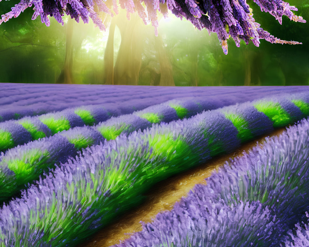 Vibrant lavender field with purple blossoms and green pathway under sunlight