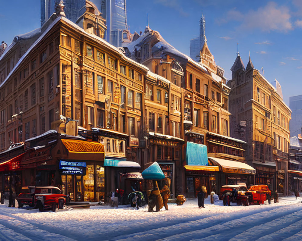 Snow-covered city street corner in winter with historic buildings, pedestrians, and vehicles under warm light