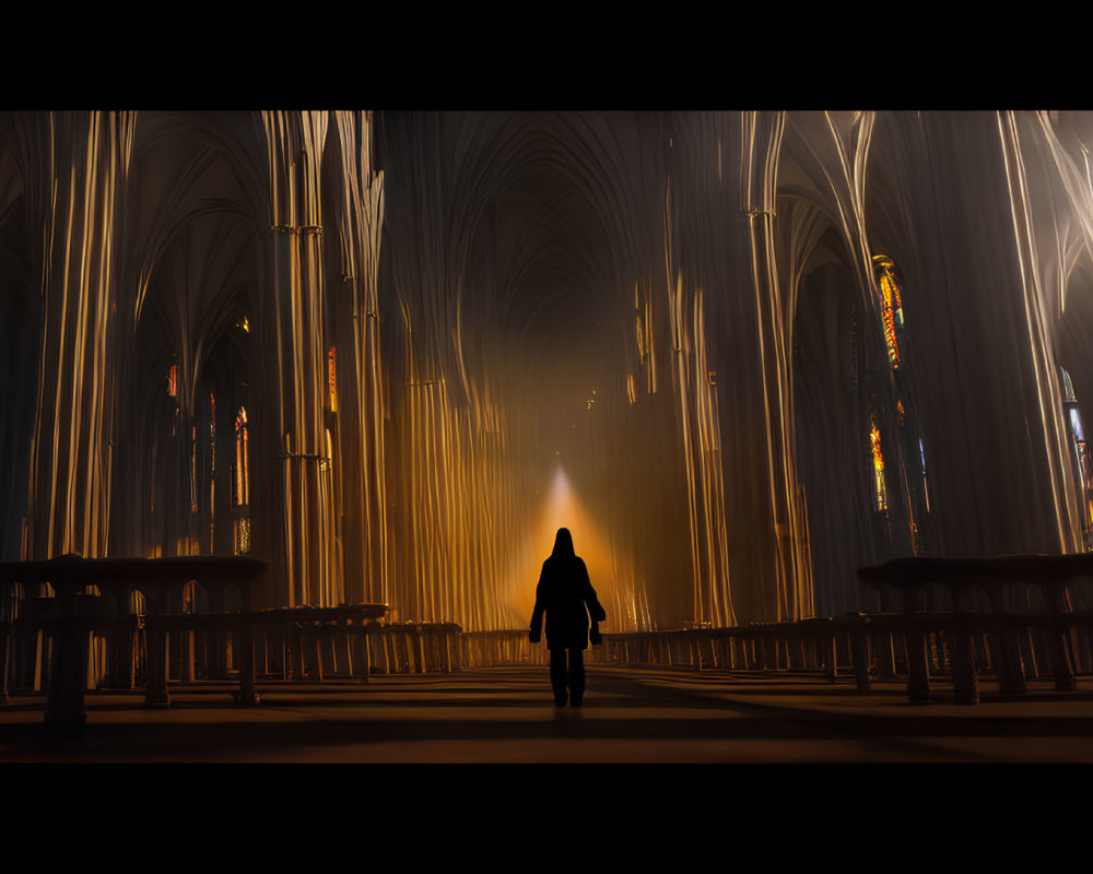 Solitary figure in grand Gothic cathedral with stained glass windows