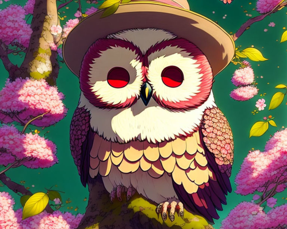 Adorable owl with red eyes in hat on branch among pink cherry blossoms