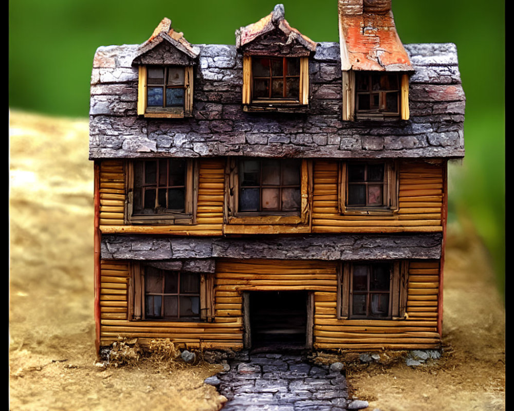 Detailed Miniature Rustic Wooden House with Stone Chimney & Shingled Roof