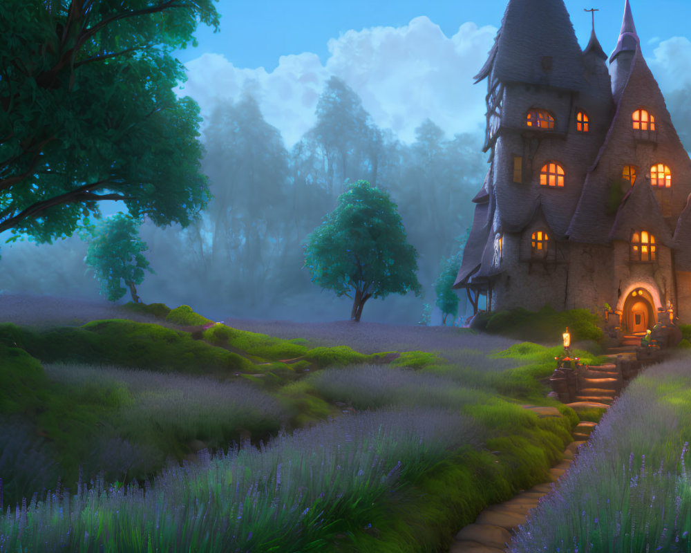 Twilight scene: Cozy cottage in forest with lavender fields