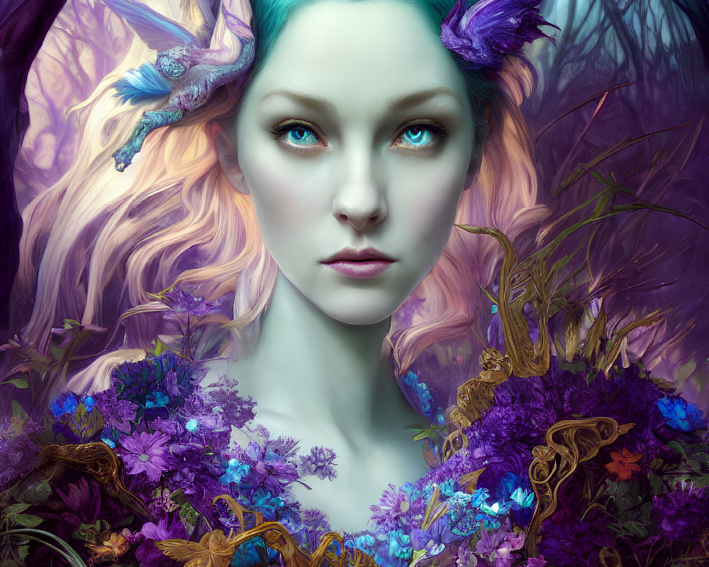 Vibrant turquoise hair woman with jeweled crown and purple horns in lush floral setting