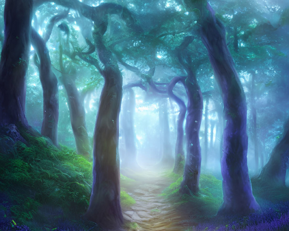 Enchanting forest path with knotted trees and purple flowers