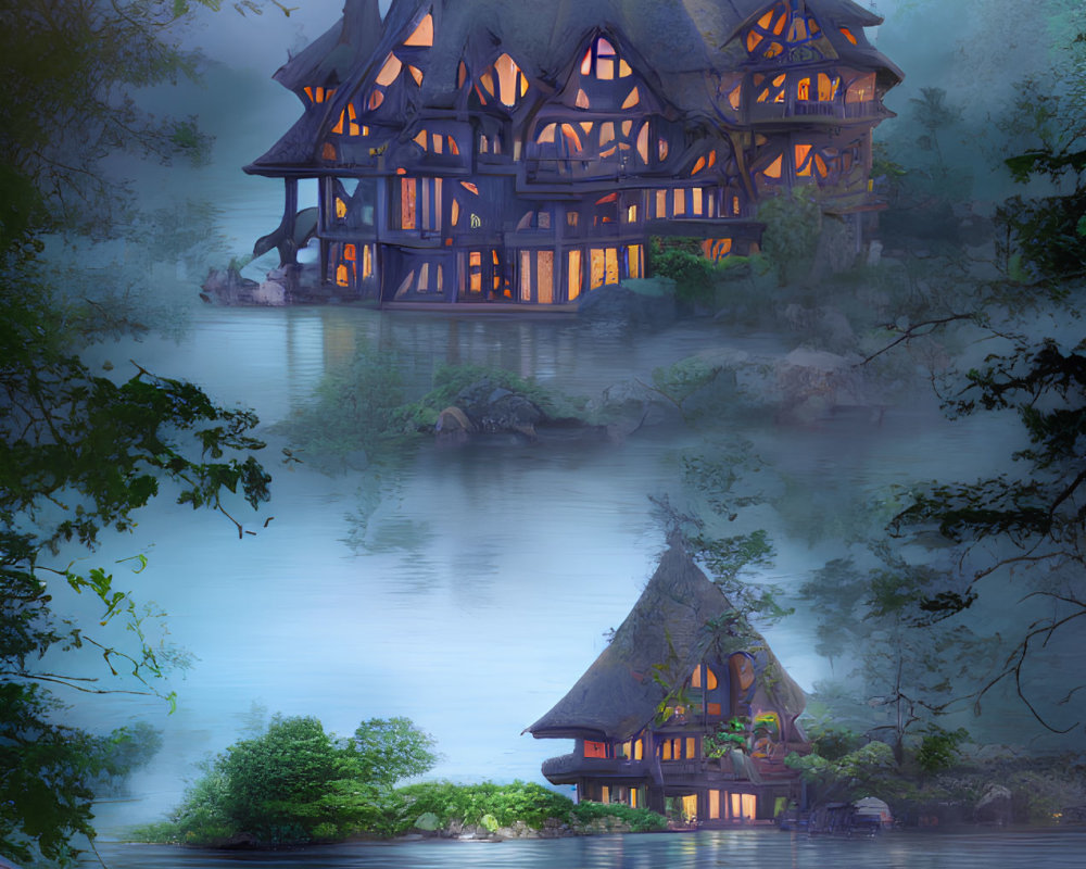 Enchanting fairytale cottage in misty woods by serene lake