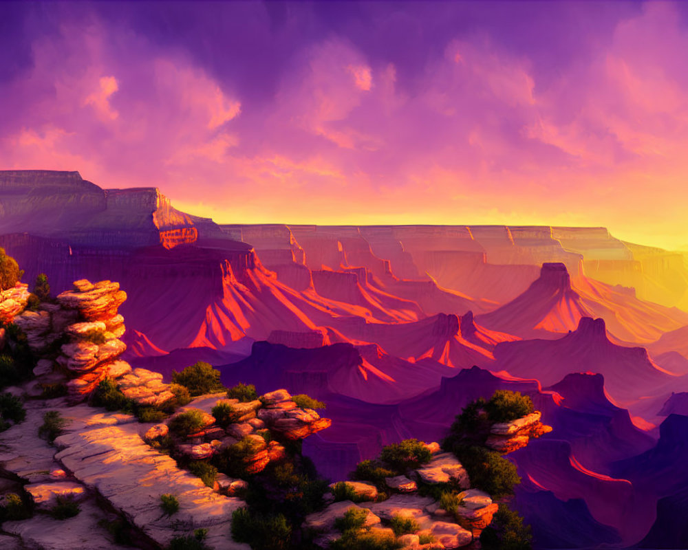 Majestic canyon with layered rock formations at sunset