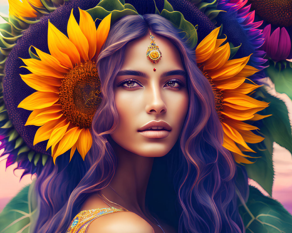 Digital artwork: Woman with sunflower adornments, detailed makeup, colorful floral background.