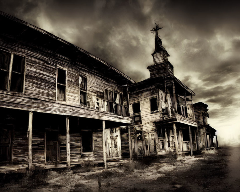 Monochrome image of abandoned Western ghost town with dilapidated buildings and church