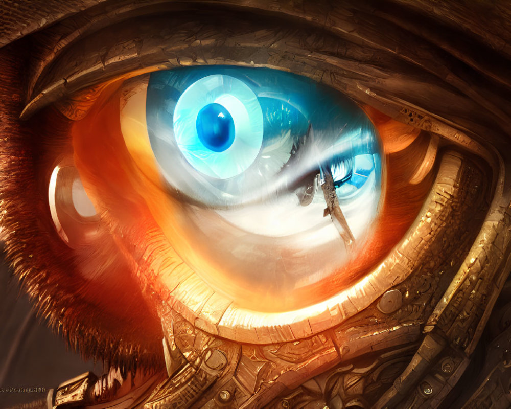 Digital artwork: Close-up blue eye with mechanical details and person reflected.