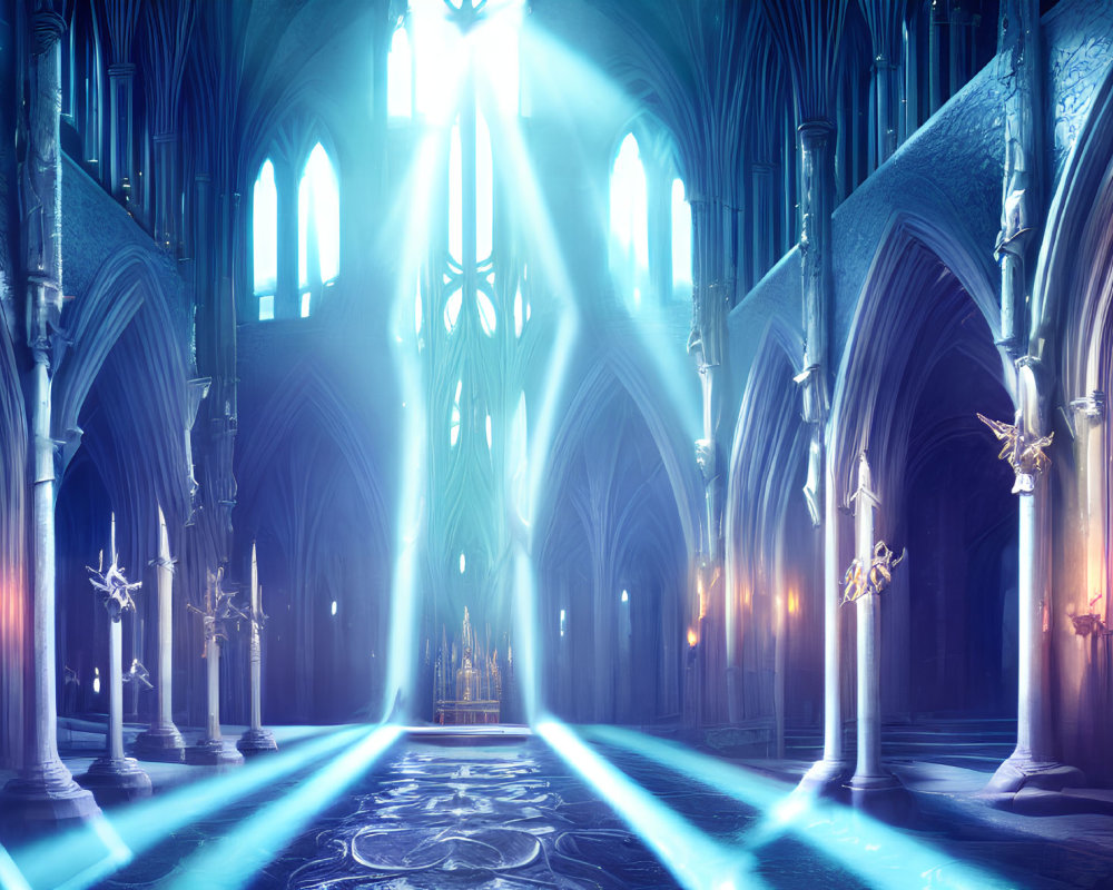 Illustration of Gothic Cathedral Interior with Blue Light and Stained Glass