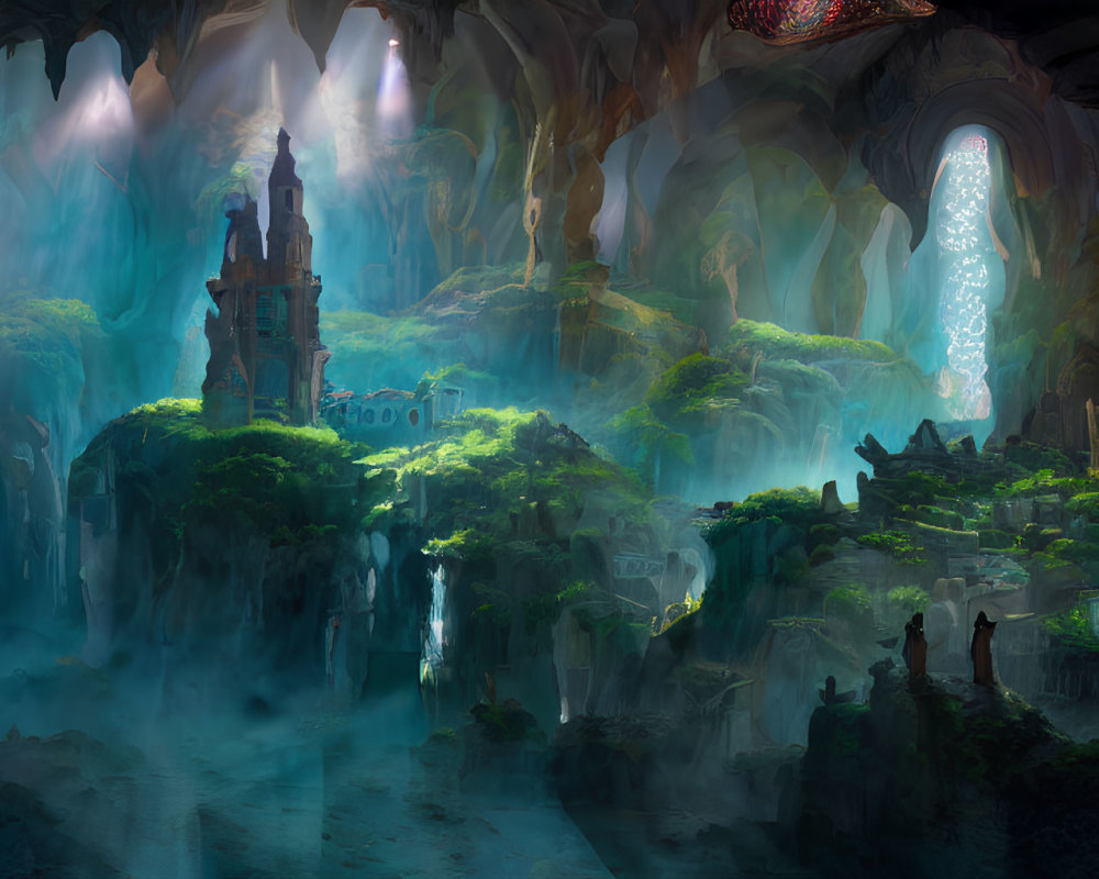 Mystical cavern with luminous plants, waterfalls, castle, and ethereal light