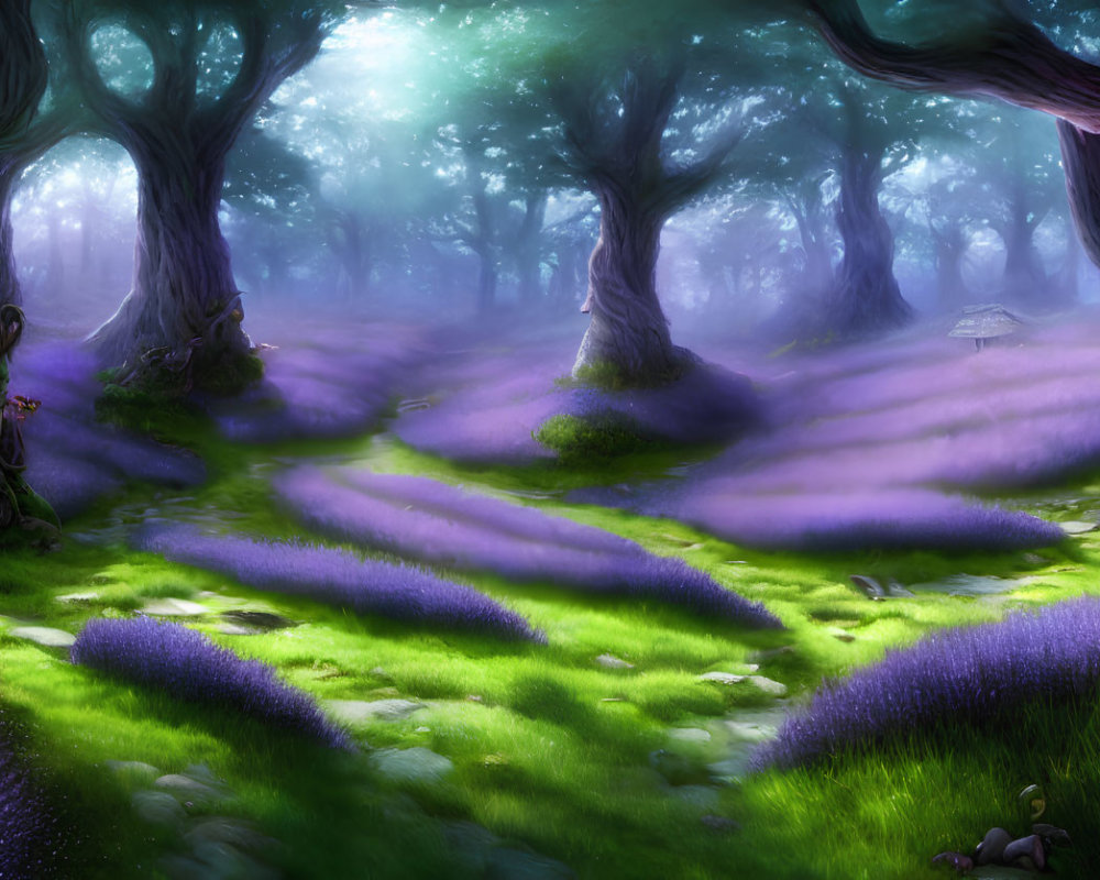 Mystical forest with towering trees, purple flowers, mist, and glowing light