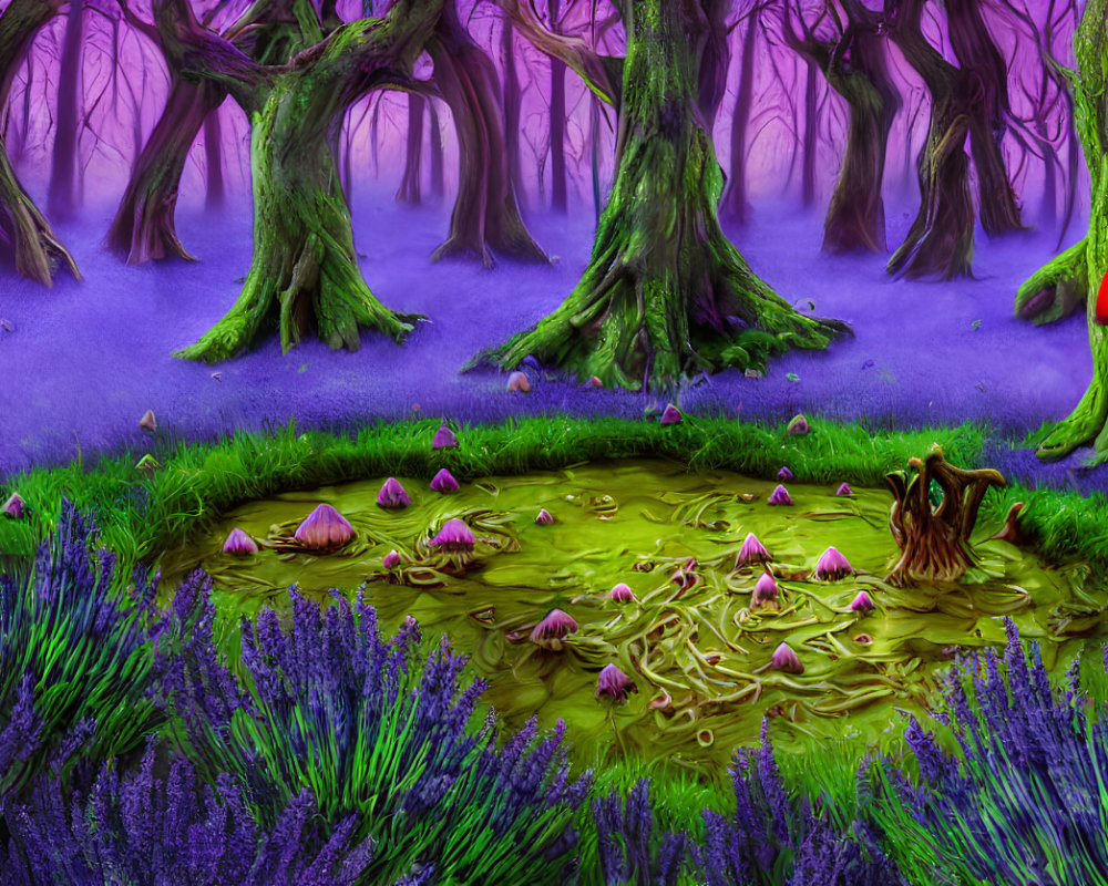 Mystical purple forest with lavender fields, twisted trees, and mushrooms in hazy setting