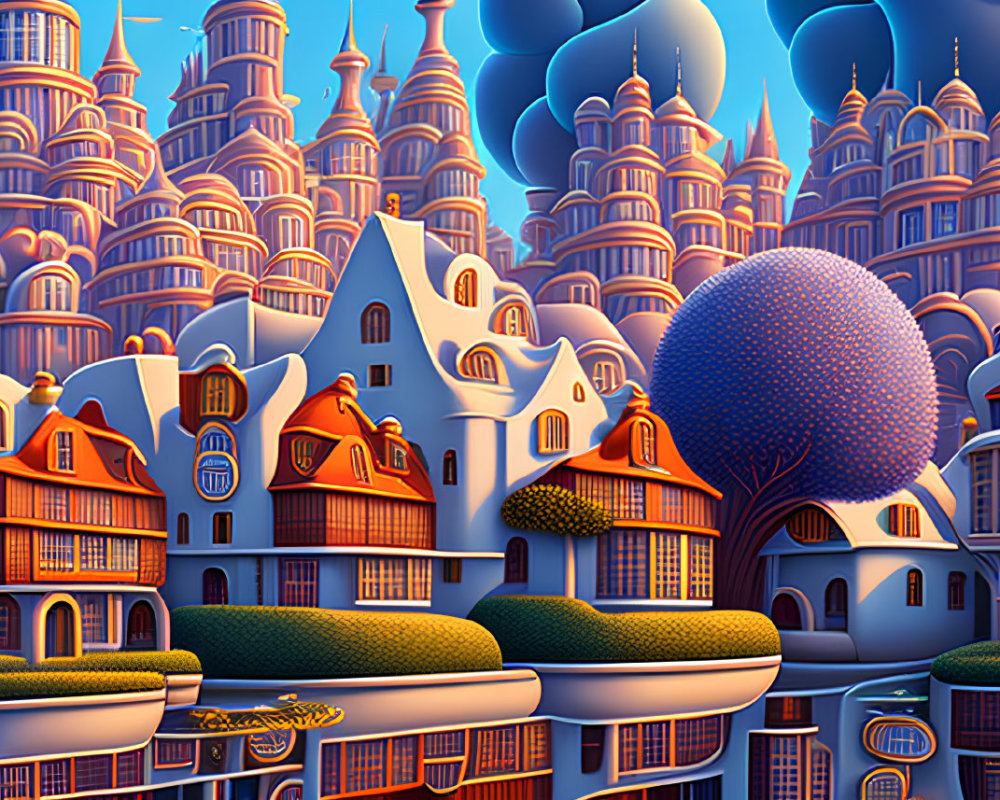 Vibrant digital artwork: whimsical cityscape with stylized buildings and trees