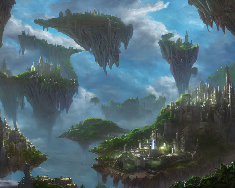 Fantastical landscape with floating islands and castles in soft light