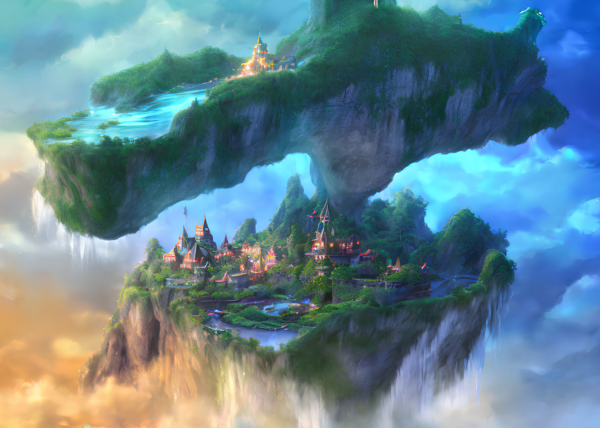 Floating Island with Waterfalls, Greenery, Houses, and Castle in Warm Glow