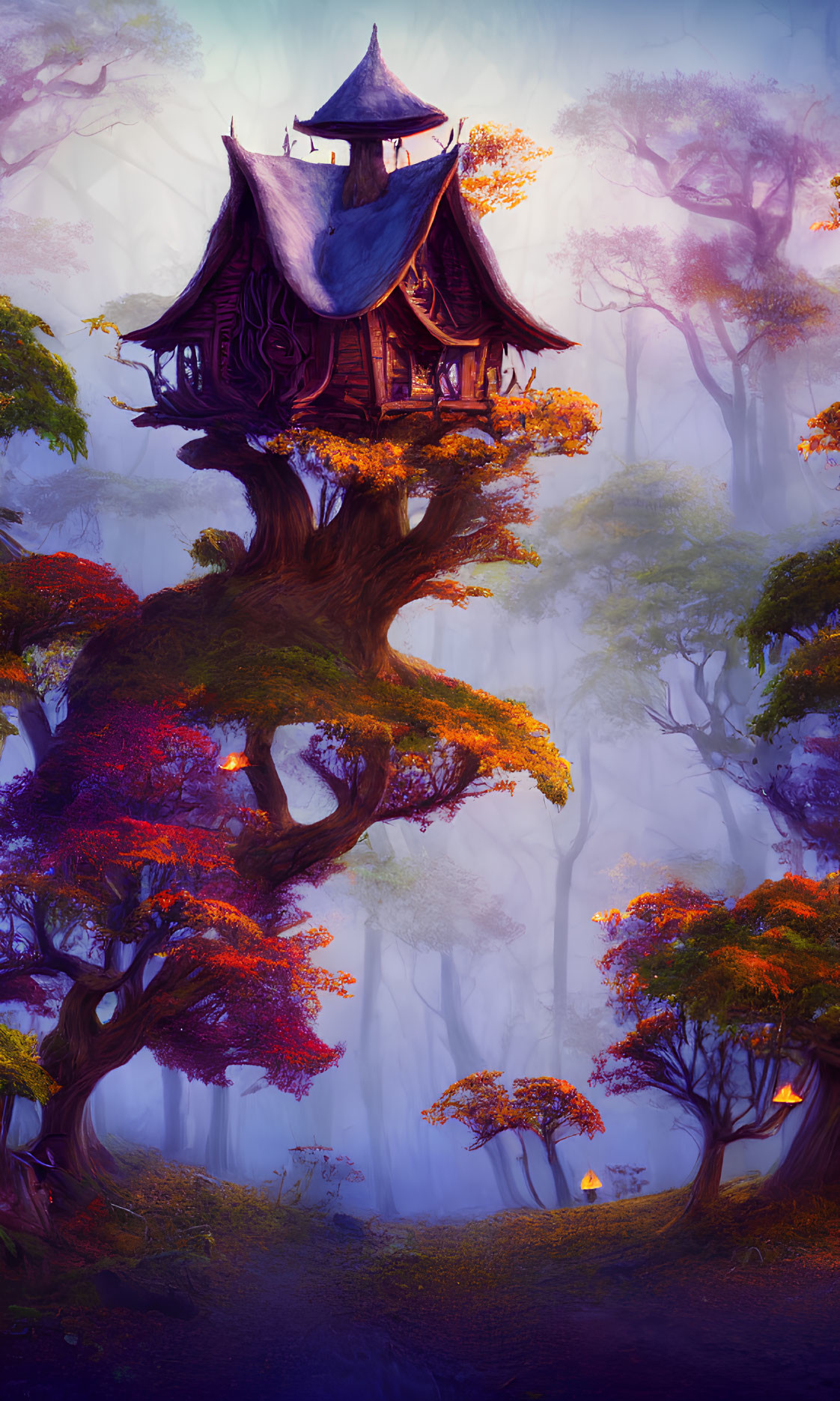 Elaborate whimsical treehouse in vibrant forest