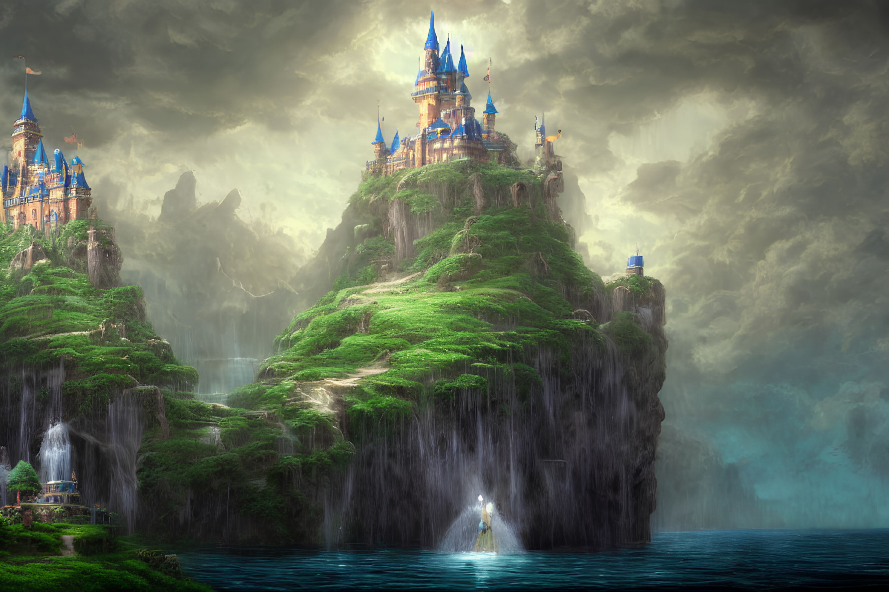 Majestic fantasy castle on lush green cliff with waterfalls and misty lake